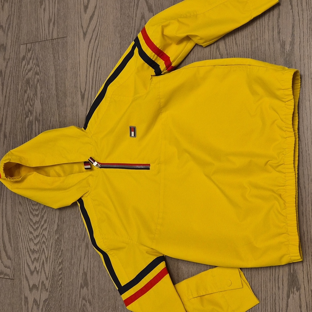 Tommy Hilfiger Kids Yellow Raincoat with Navy and Red Stripes Size M 12-14yrs